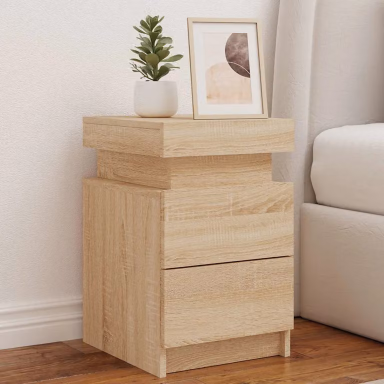 Comodino moderno con luci LED vidaXL in legno color rovere sonoma, sospeso a parete, L 35 cm x P 39 cm x H 55 cm
