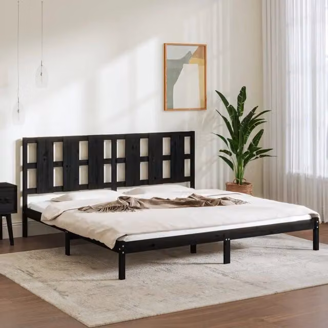 Giroletto Nero in Legno Massello di Pino con Doghe Fisse per Camera da Letto L/P: 200 x 200 cm – 1