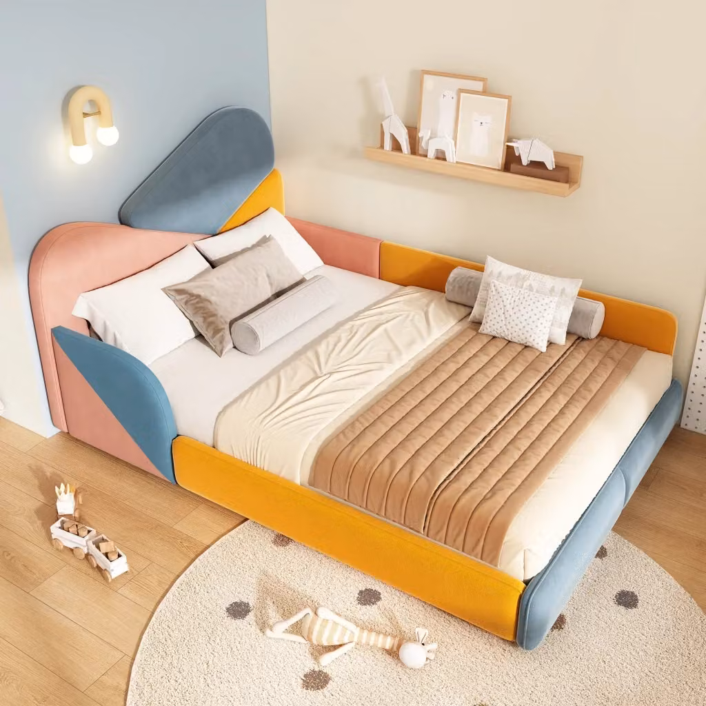 Letto imbottito per bambini con struttura a casetta in velluto patchwork blu rosa arancione L/P: 140 x 200 cm – 2