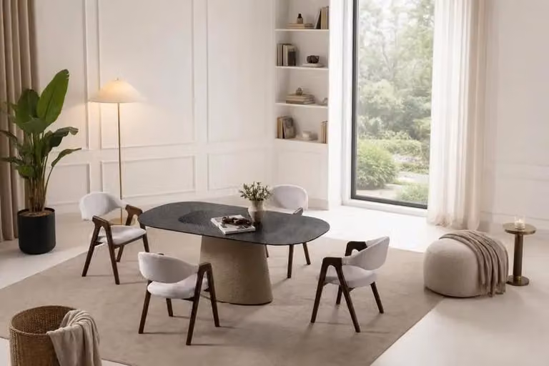Tavolo da pranzo ovale dal design moderno, con finitura effetto pietra