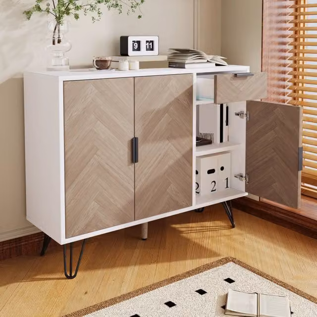 Credenza moderna con cassetto e tre ante con ripiani regolabili in MDF e legno, bianco e marrone, L 90 cm x P 30 cm x H 71,5 cm