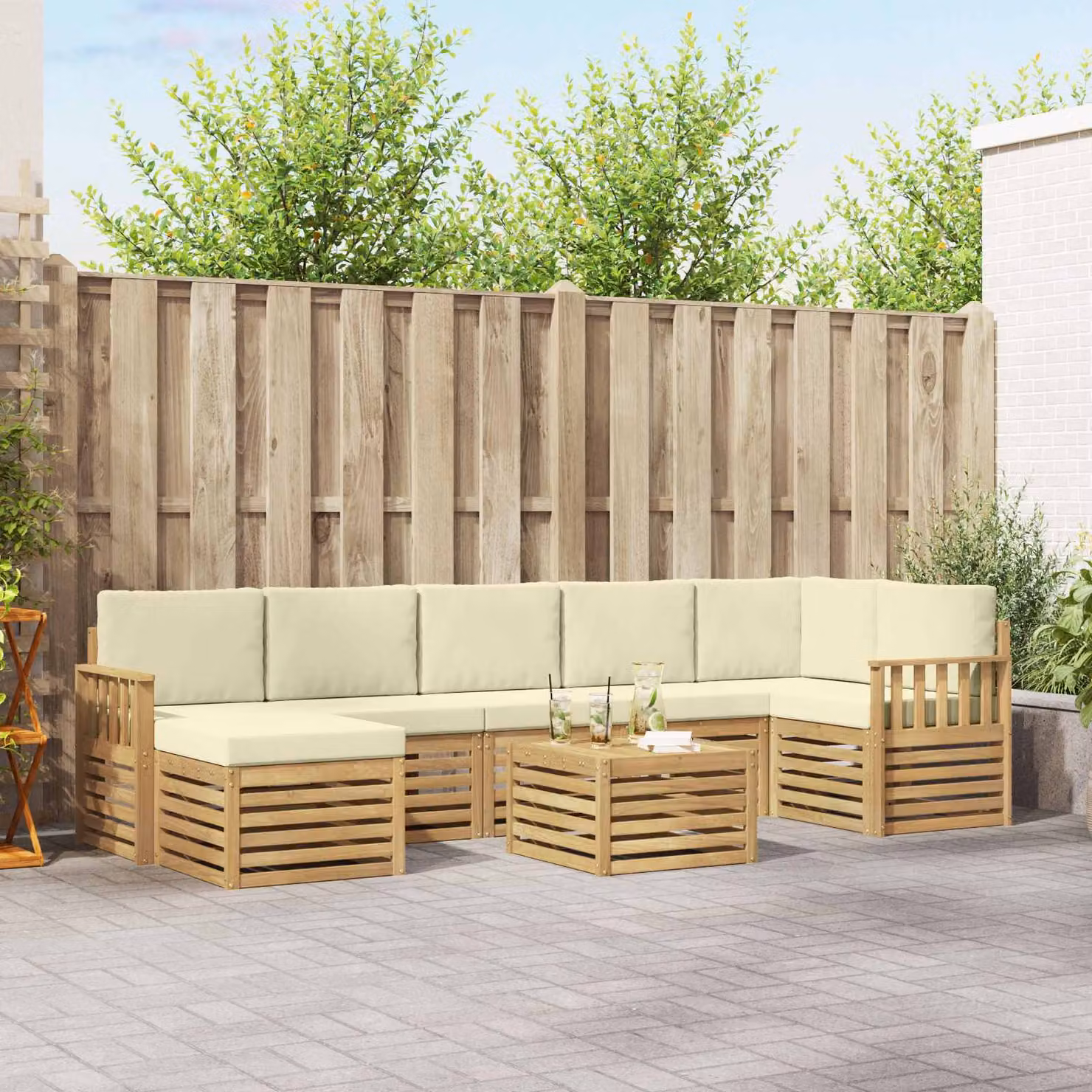 Set di divani da esterno vidaXL 8 pz in legno di acacia con cuscini Bianco e Beige
