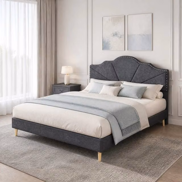 Letto imbottito Mivray con testiera in tessuto grigio e struttura in legno e metallo L: 140 cm, P: 200 cm