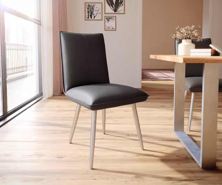 DELIFE Sedia da pranzo Lelio-Flex Vera pelle nera 4 gambe coniche in acciaio inossidabile Molle insacchettate