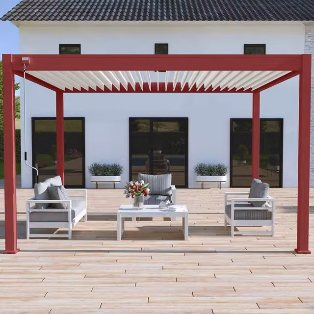 Pergola bioclimatica autoportante Ombrea VS L: 4 m, P: 3 m, H: 2,57 m, colore Rosso basco con tenda bianca da 4 m – 1