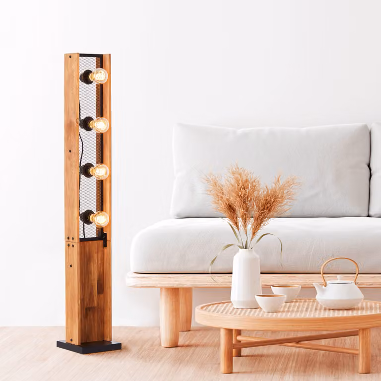 BRILLANTE lampada da terra a 3 luci in stile naturale | lampada da terra decorativa | certificata| adatta per lampadine E27 max. 42W | metallo/legno | nero/marrone | 1,26 m di altezza