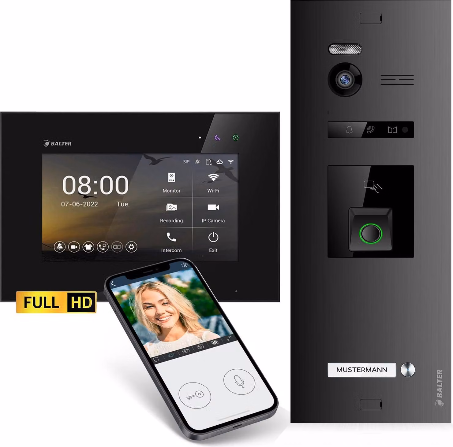 Videocitofono HD con impronta digitale RFID e app per smartphone per abitazioni monofamiliari, 1x monitor, Balter EVO HD Fingerprint
