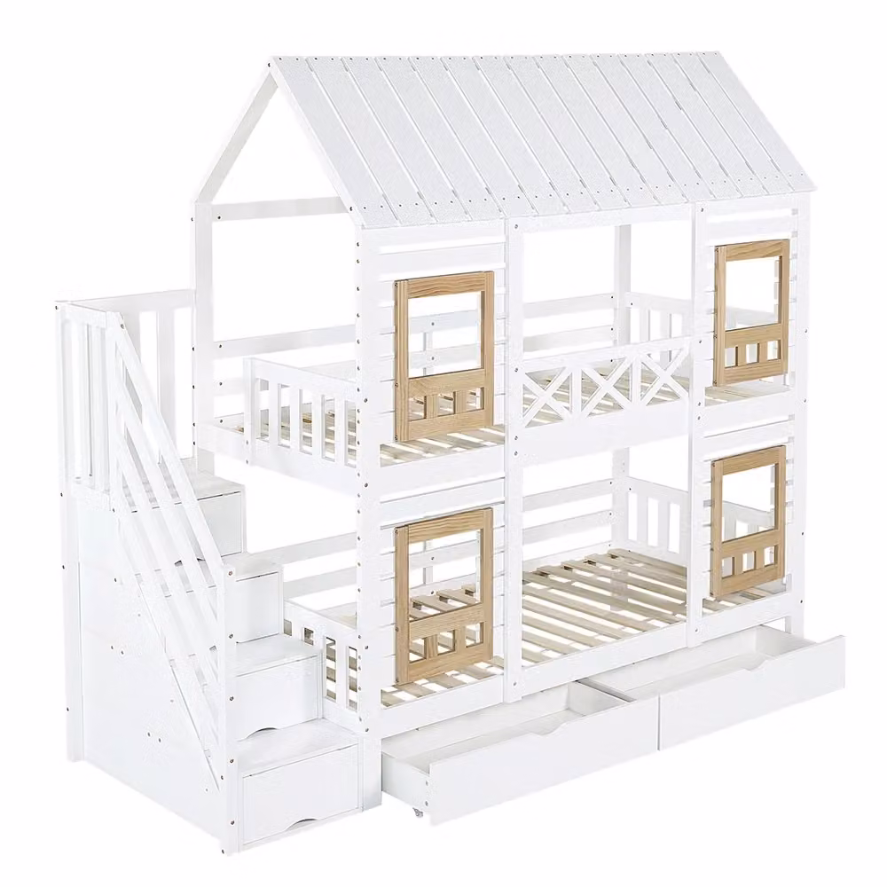 Letto a castello Xylo per bambini con struttura a casetta, scala e 2 cassetti, bianco e naturale, L/P/H: 200 x 90 x 195 cm – 2