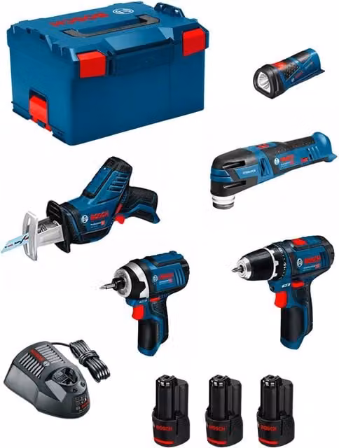 Set Bosch Monster Kit K11 con avvitatore, avvitatore a impulsi, levigatrice, utensili e 3 batterie da 2,0 Ah in blu