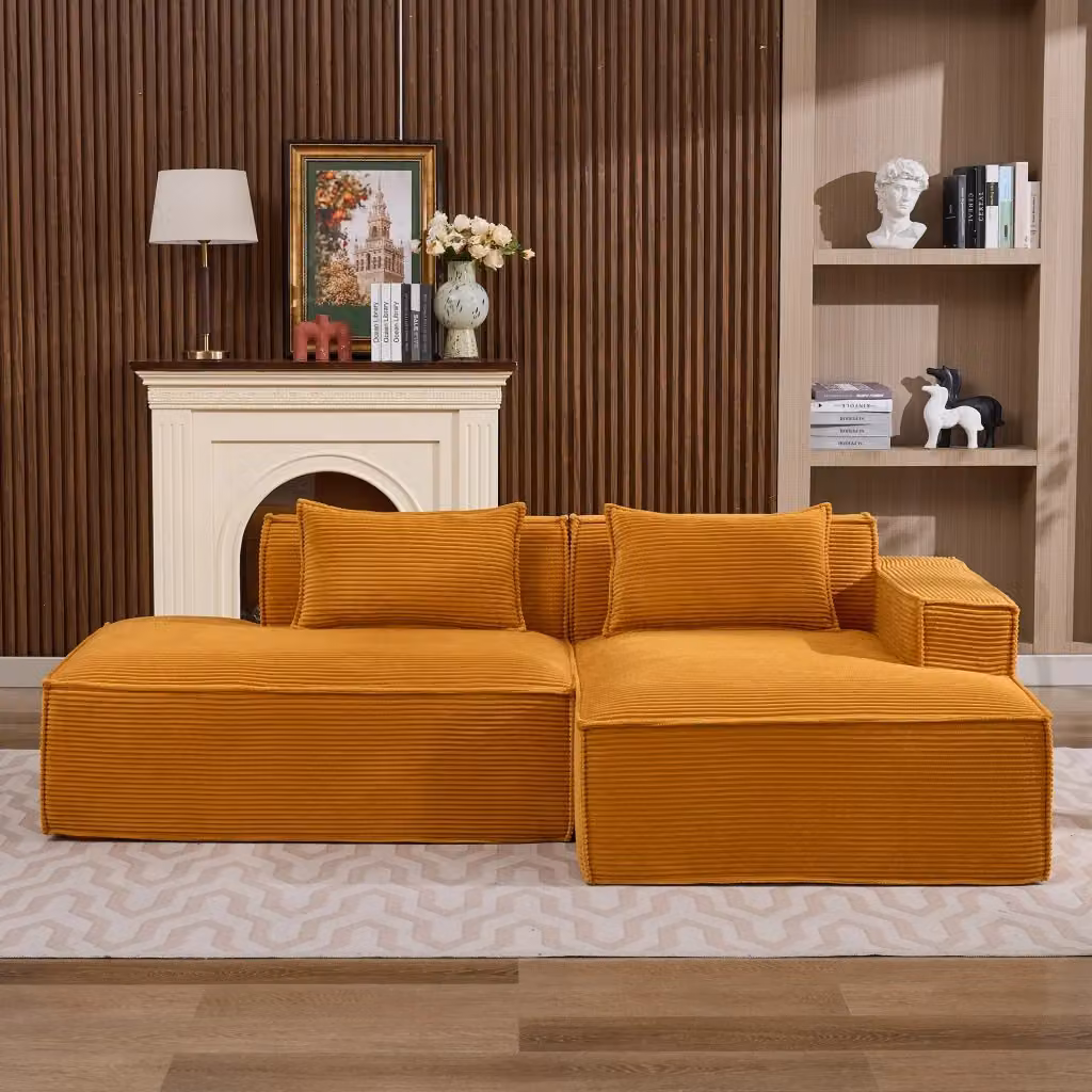 Divano moderno Mivray in velluto a coste giallo, con seduta imbottita e struttura con orientamento a sinistra, ideale per il tuo soggiorno o ufficio in casa, L: 235 cm, P: 129 cm, H: 70 cm – 2