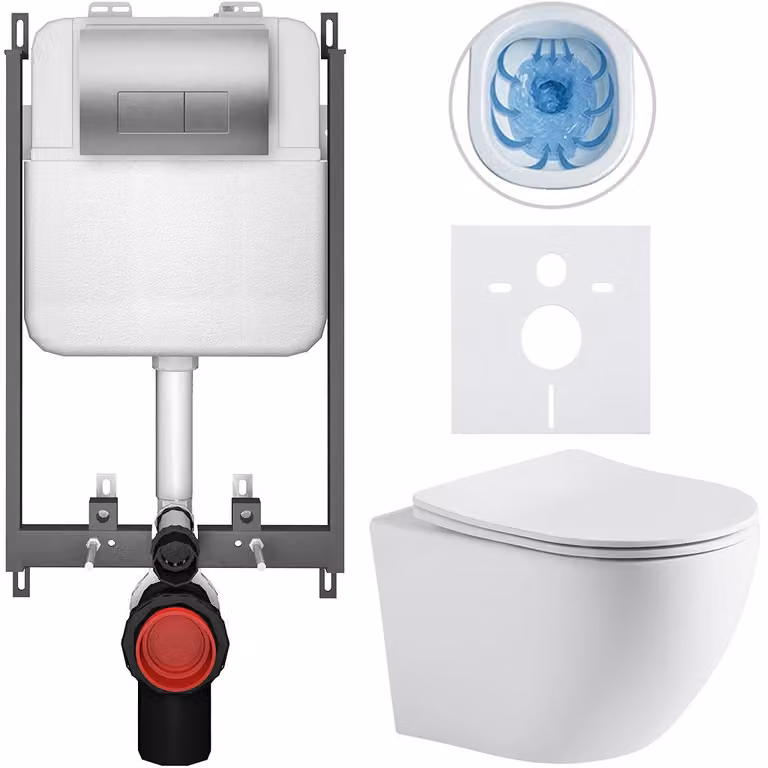 Set completo per WC a pavimento "Cesso" - bianco opaco - pulsante Prime/Modulo, argento - da incasso - 49x36 cm