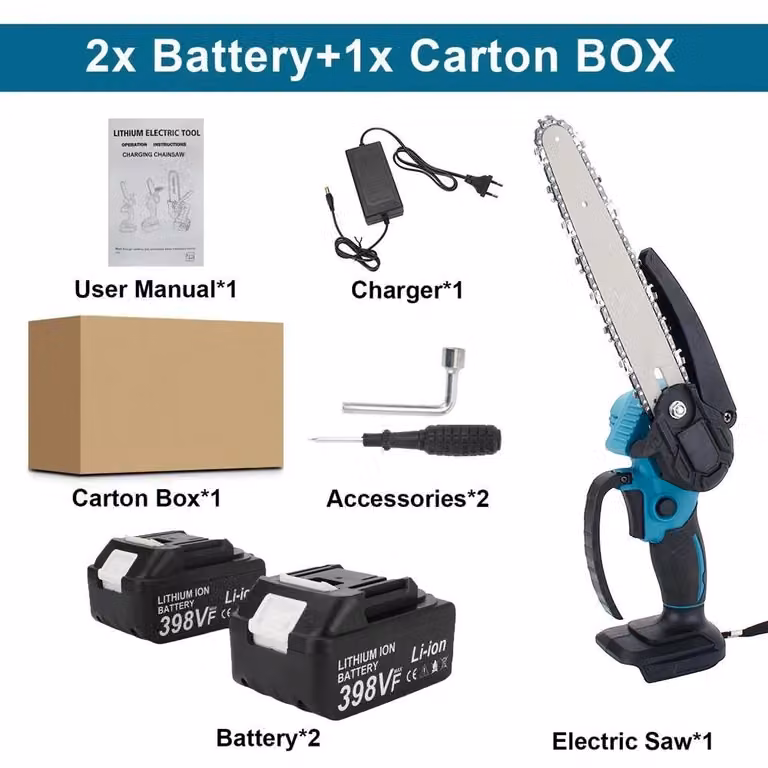 Troncatrice a batteria da 20 cm - Motore brushless - 20V - 1800 giri/min - Portatile - Ideale per potatura e taglio del legno - Set con 2 batterie