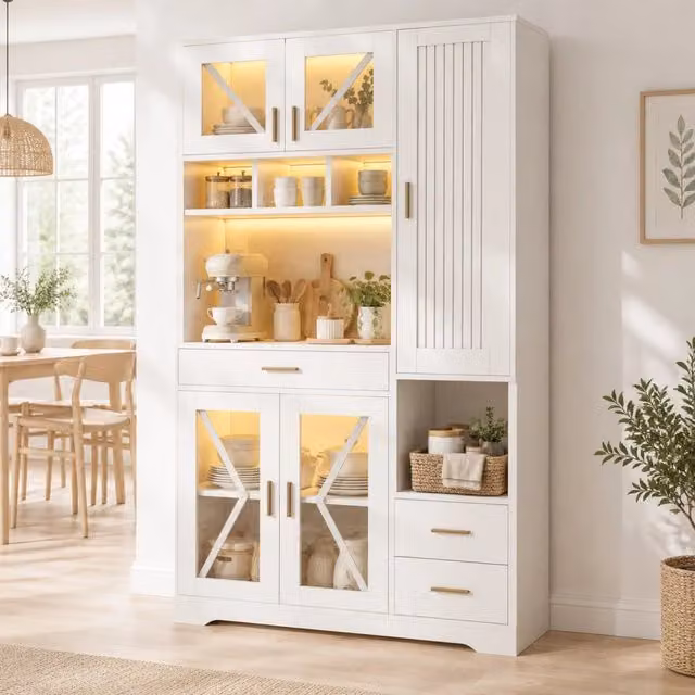 Credenza alta 105x40x185 cm bianca – LED colorati, prese USB e spazio contenitivo