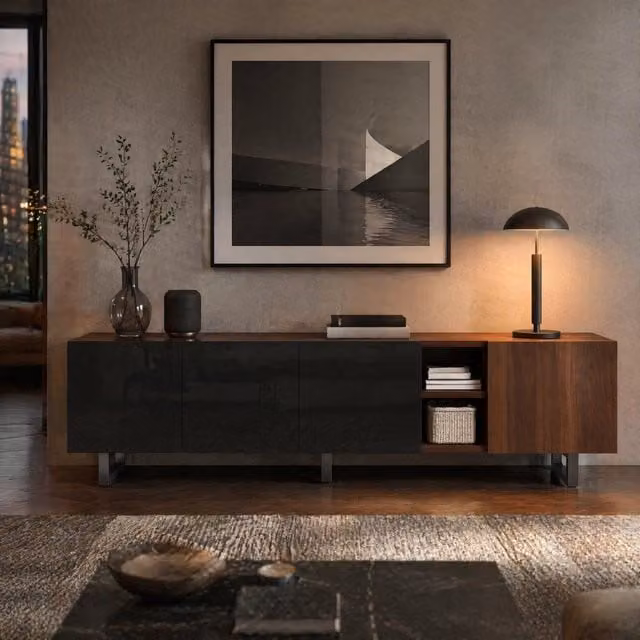 Mobile TV Mivray moderno in MDF nero e marrone con ante senza maniglie e vani aperti L/P/H: 180 x 38 x 50 cm – 1