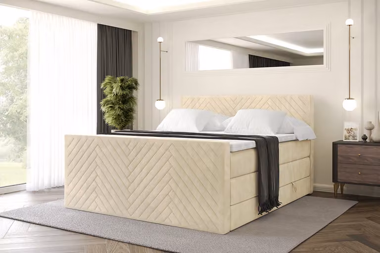 Letto boxspring ALTDECOR con materasso e rete a doghe, topper, letto imbottito con contenitore, letto con spazio contenitivo per materassi H3 e H4, letto matrimoniale, letto boxspring -VEXA-Z KING-140x200 - Beige Monolith