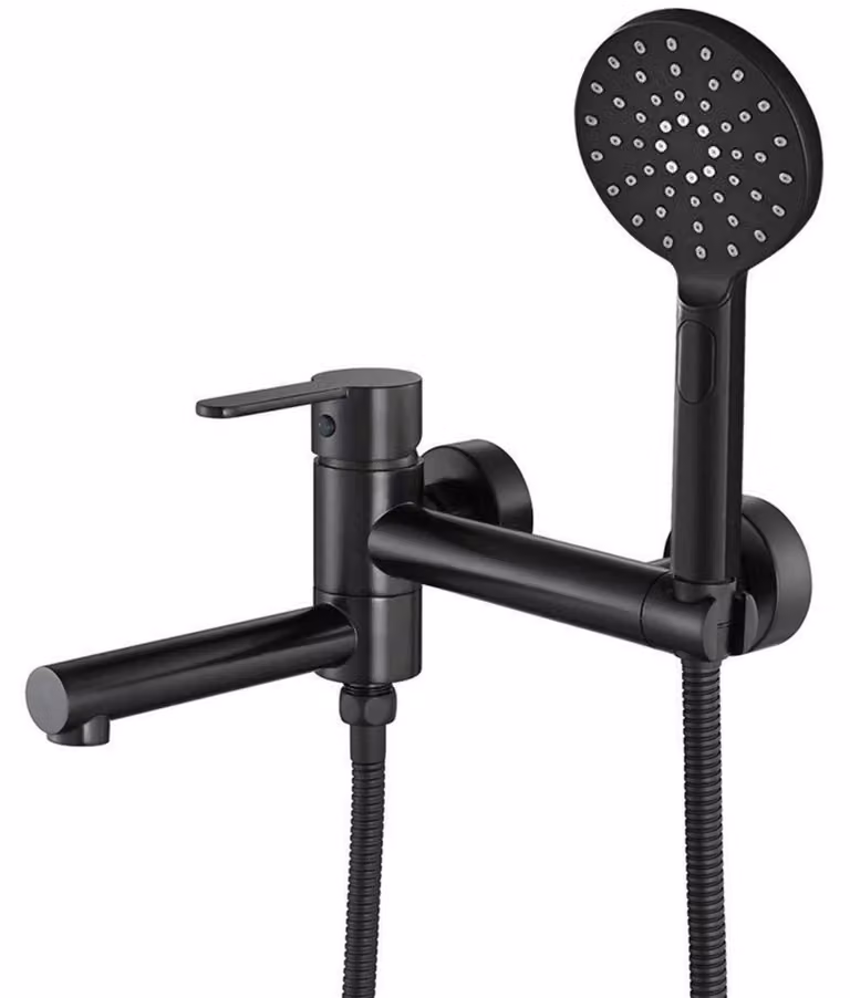 Miscelatore per vasca da bagno con doccetta manuale, montaggio a parete, colore nero, bocchetta girevole a 90°, realizzato in ottone e acciaio inossidabile SUS304