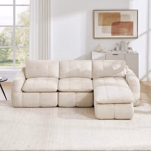 Divano angolare 3 posti con poggiapiedi ¨C Minimal ¨C Beige tessuto imbottito morbidissimo senza montaggio