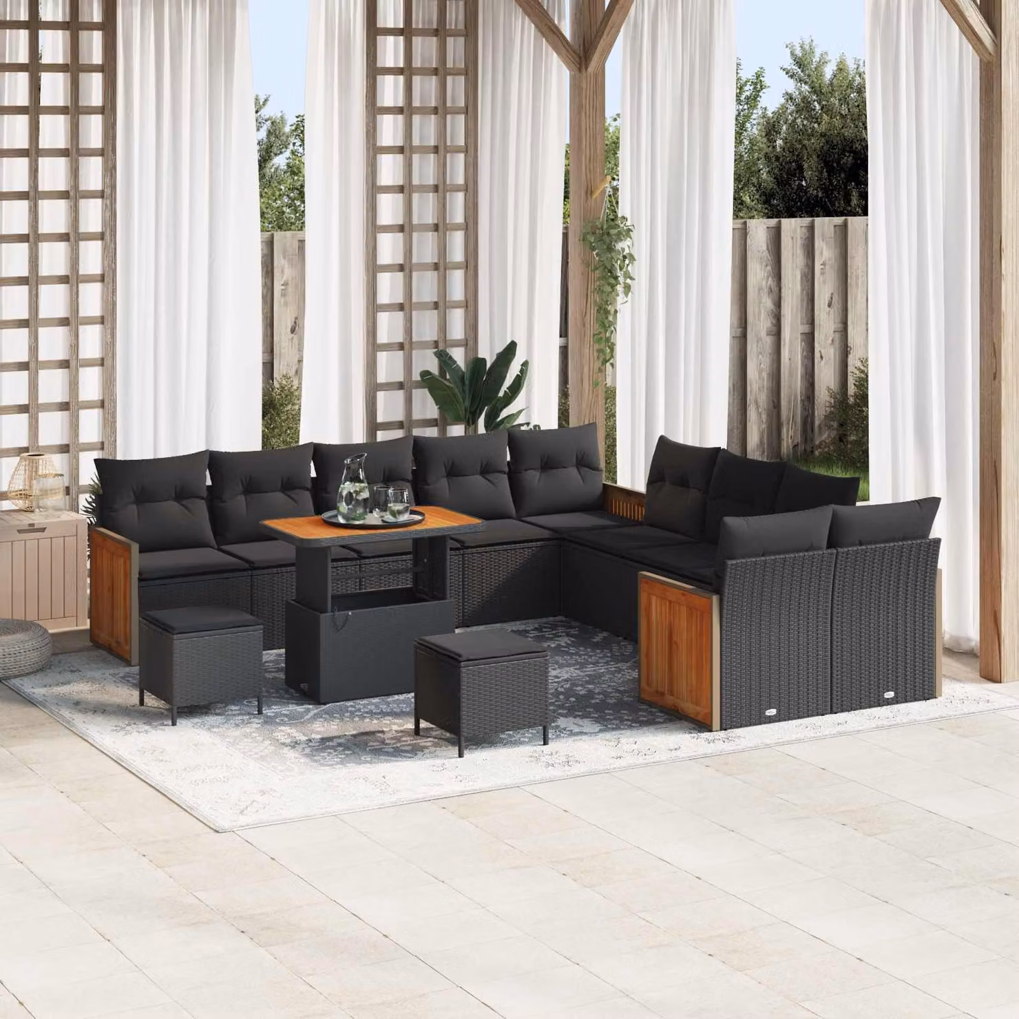 Set Divano da Giardino vidaXL 13 Pezzi a Forma di U con Cuscini e Tavolino, Colore Nero e Marrone – 1