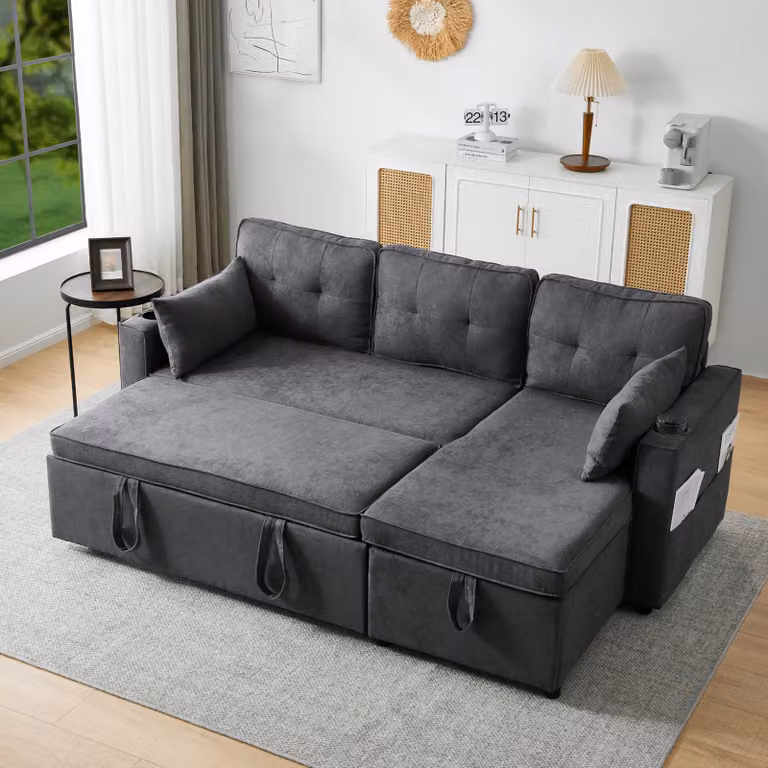 Divano letto STILVORA con portabicchieri e spazio contenitivo, divano angolare estendibile con funzione letto, divano imbottito in cotone e lino, reversibile a sinistra e a destra, colore grigio