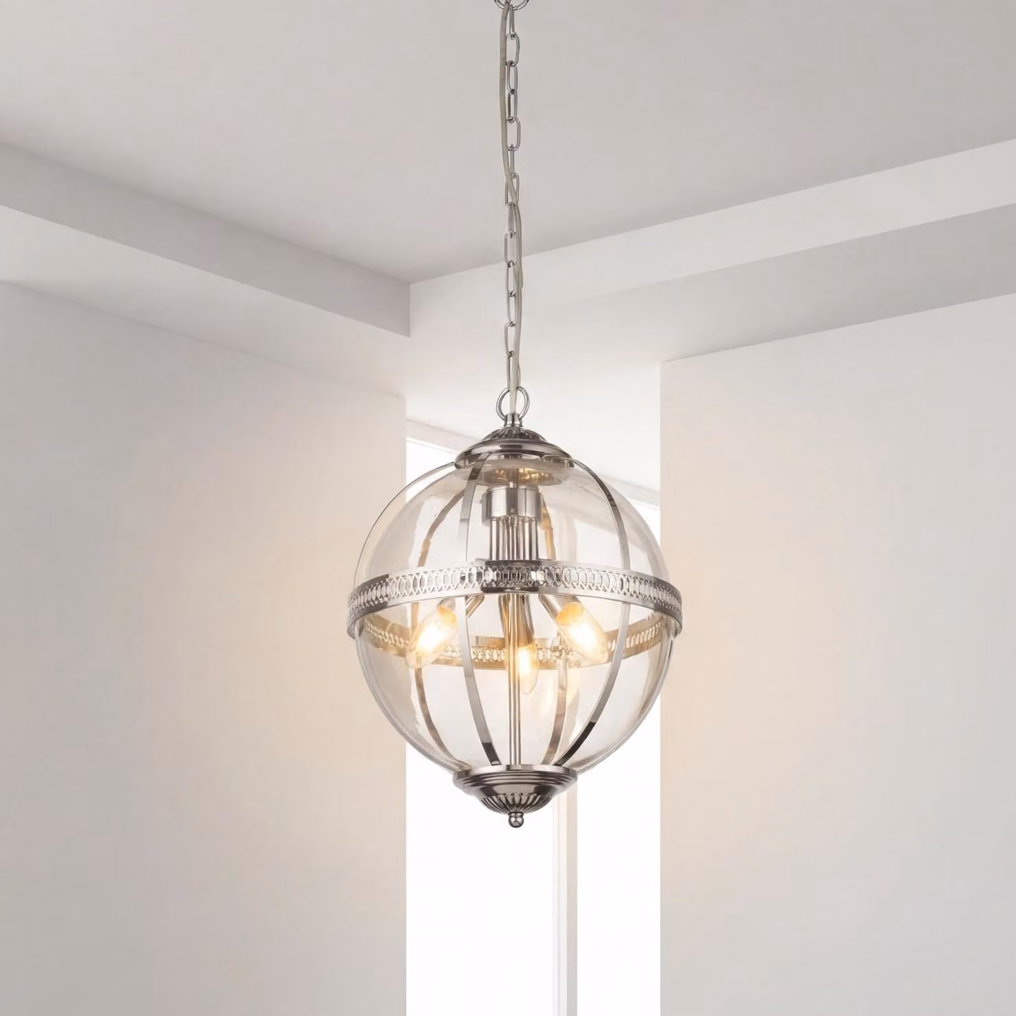 Lampada a sospensione vetro metallo E14 rotonda P: 32 cm H: max. 120 cm cromo paralume sferico a 3 luci Art Nouveau