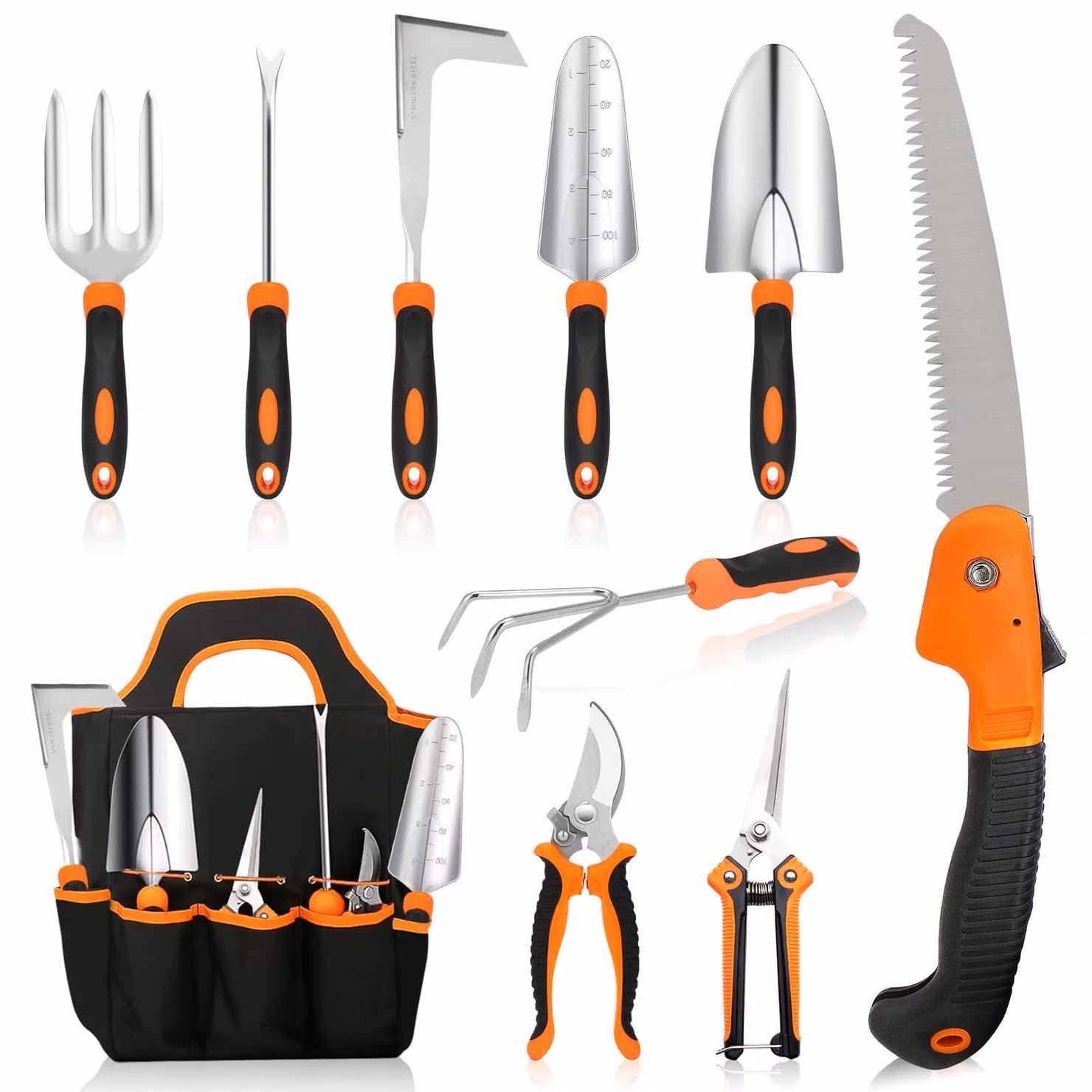 Set di attrezzi da giardino - Set di 10 pezzi - Acciaio inossidabile - Con borsa da giardino
