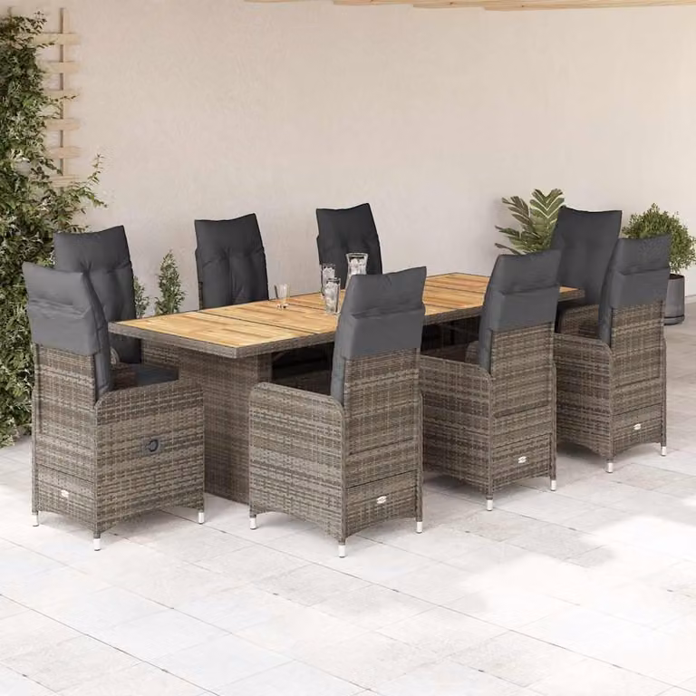 Set Bistrò da Giardino vidaXL in Polyrattan e Legno di Acacia Grigio con 9 Pezzi e Cuscini