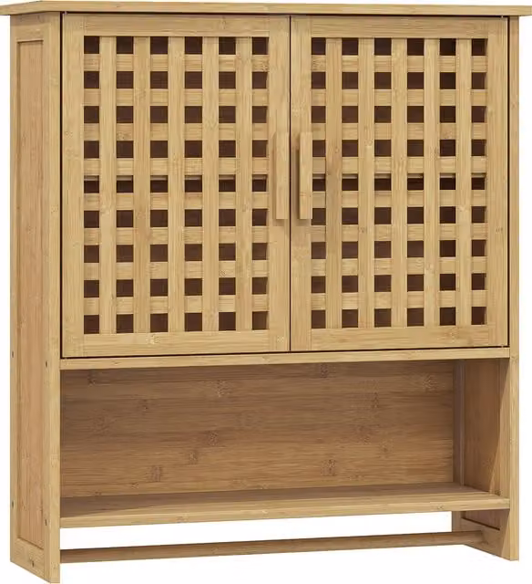 Armadietto da parete HOMCOM in bambù marrone con 2 ante, vano aperto e ripiano regolabile per bagno in stile scandinavo
