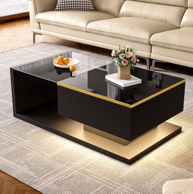 Tavolino da salotto nero con LED Bluetooth e vetro, 90 cm