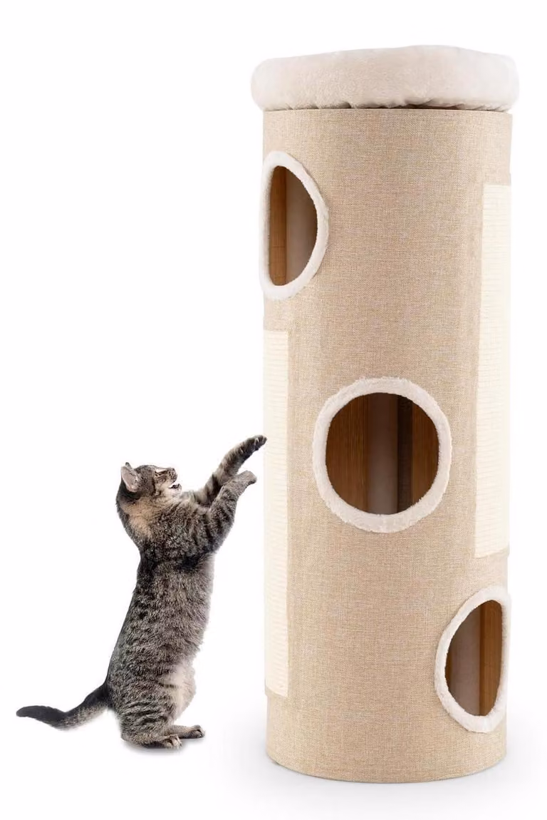 Tubo per gatti XXL, 113 cm, con 3 nascondigli e cuccia in peluche rimovibile, color beige
