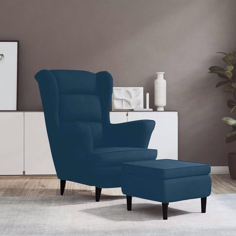 vidaXL Poltrona con Schienale ad Ala e Poggiapiedi in Velluto Blu con Struttura in Legno