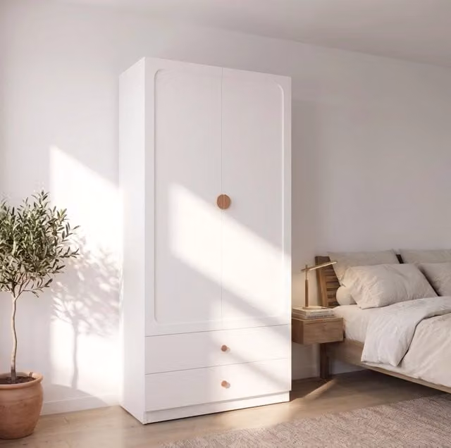 Armadio a 2 ante con 2 cassetti e asta appendiabiti; 90×45×200 cm; bianco