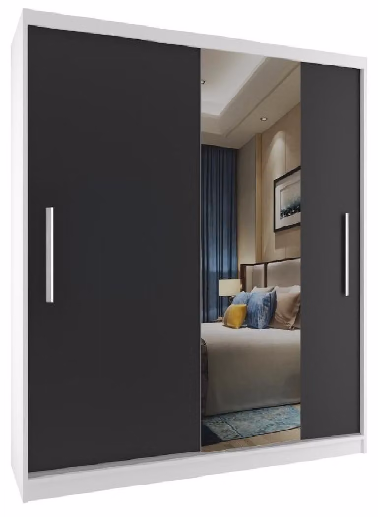 BELINI Verona, armadio scorrevole da 158 cm, bianco/nero opaco - armadio con specchio e asta appendiabiti, ideale per la camera da letto