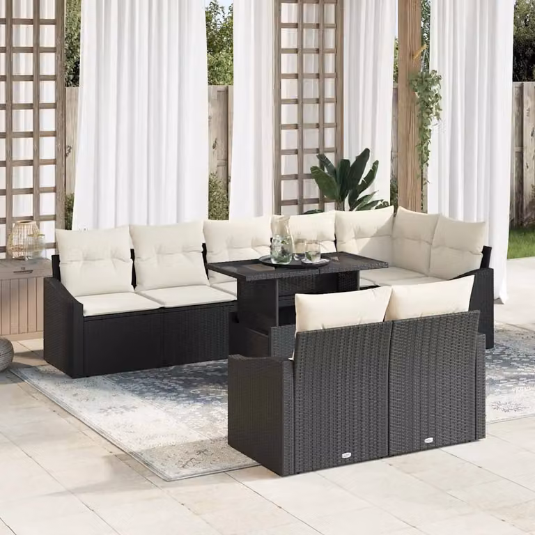 Set Divano da Giardino a L vidaXL in Polyrattan con Cuscini e Tavolino Nero e Beige