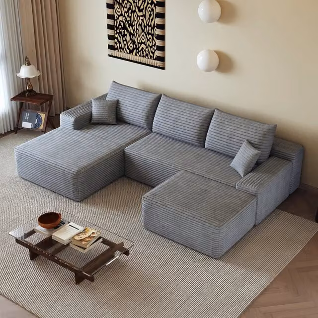 Divano angolare modulare 270 cm con chaise longue a L, divano 4 posti in velluto a coste grigio, seduta profonda
