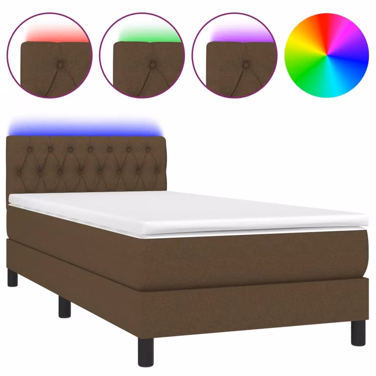 Letto a Molle Materasso e LED Marrone Scuro 90x200cm in Tessuto