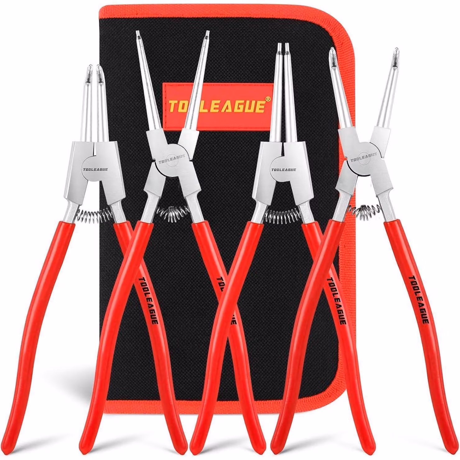 Set di pinze per anelli di sicurezza, 4 pezzi, 33 cm, per uso interno/esterno, con becchi diritti/curvi, in acciaio CR-V resistente, con custodia