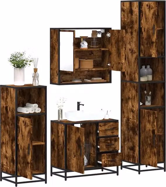 Set Mobili da Bagno 4 pz Rovere Fumo in Legno Multistrato 3301227