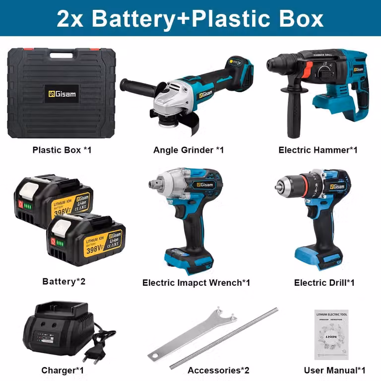 Kit di utensili da 4 pezzi: trapano avvitatore a batteria da 13 mm senza spazzole, avvitatore a impulsi 2-in-1, smerigliatrice angolare da 125 mm, martello perforatore, 2 batterie