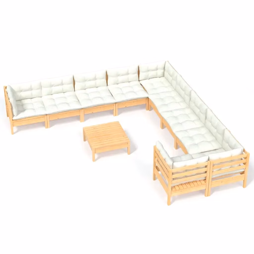 Set di divani da giardino vidaXL in legno massello di pino con 11 pezzi e cuscini beige in tessuto resistente ai raggi UV – 2