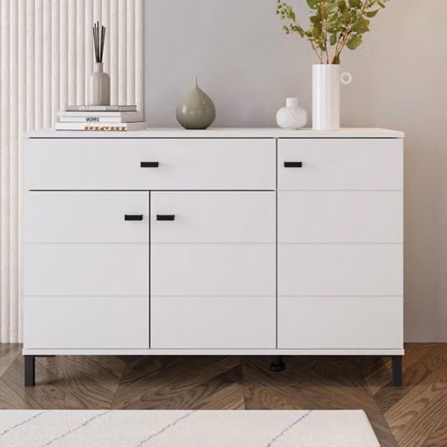 Madia Djanet DMORA con 2 ripiani, Bianco, L: 116 cm, P: 35 cm, H: 78 cm