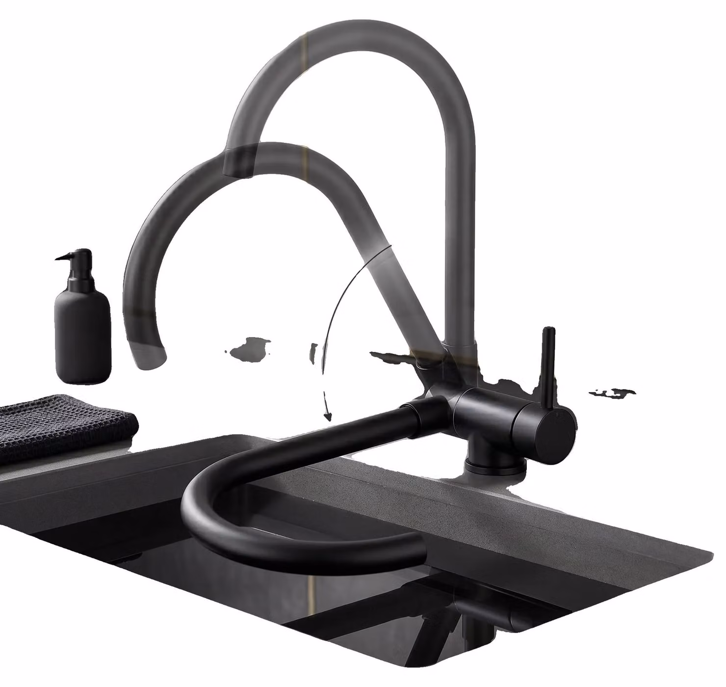 Rubinetto da cucina, design pieghevole, beccuccio girevole a 360°, colore nero