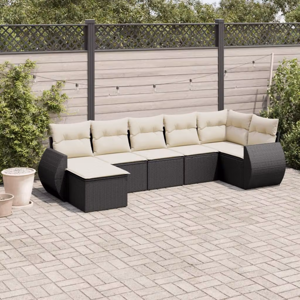 vidaXL Set Divani da Giardino a L con Cuscini 7pz in Polyrattan Nero e Bianco – 1