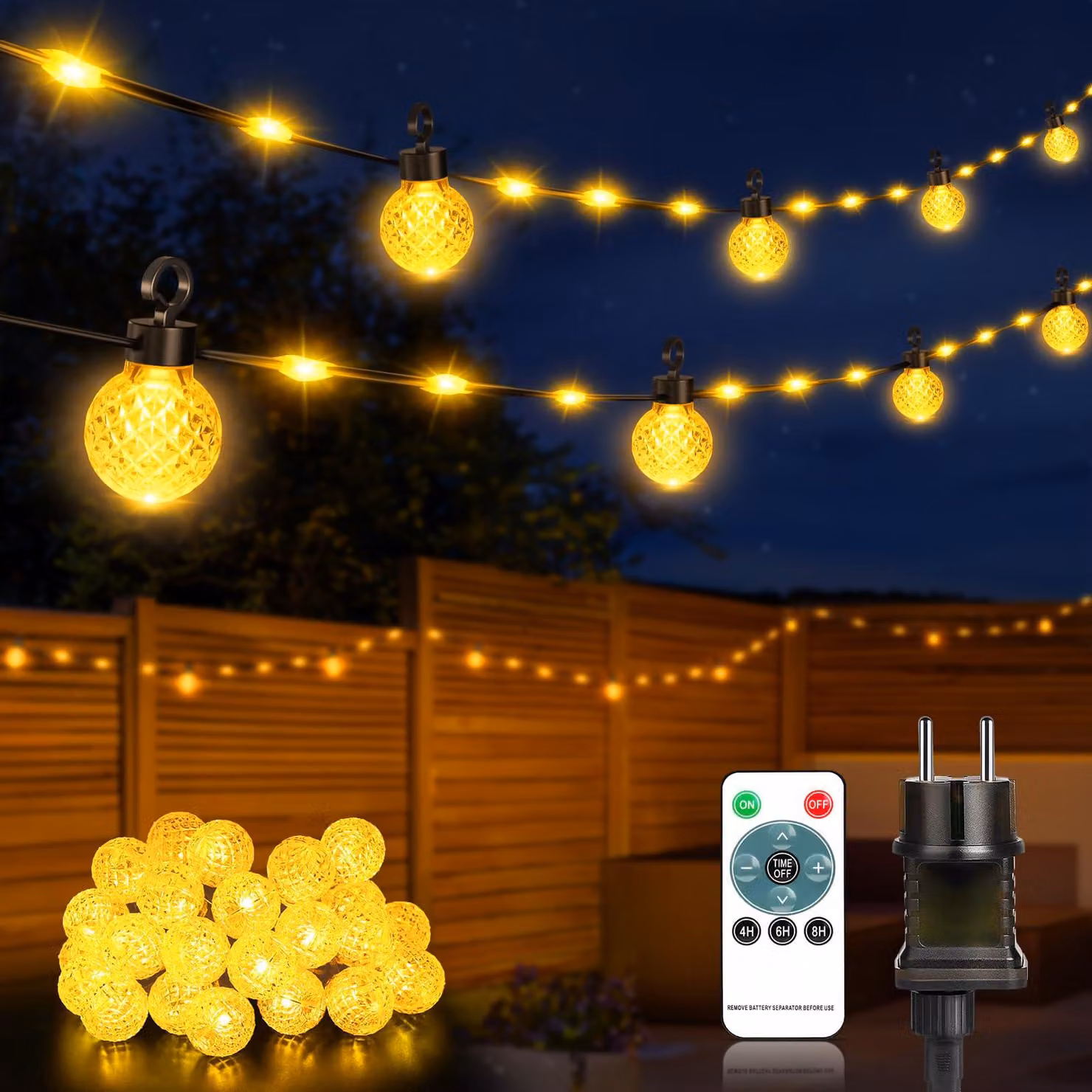 Catena luminosa con 200 LED, lunghezza 32 metri, dimmerabile, grado di protezione IP65, luce bianco caldo, con telecomando