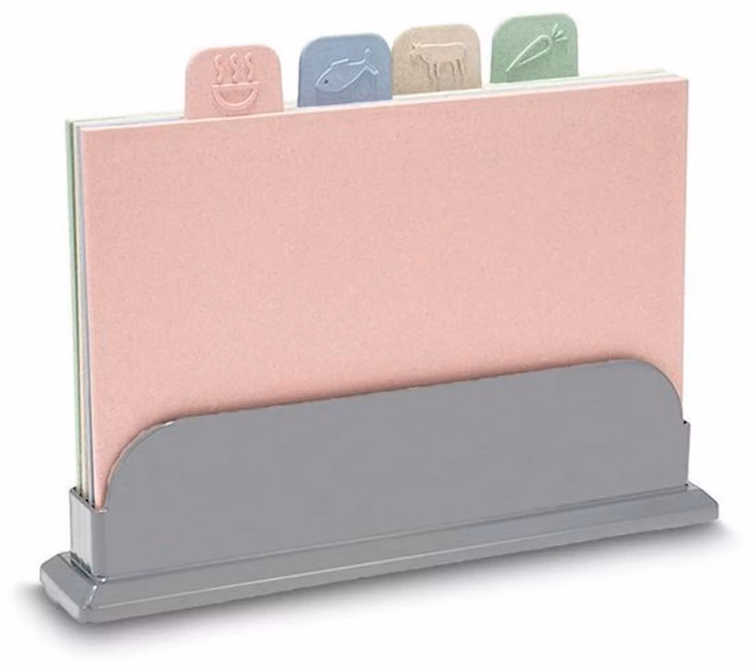 Set di quattro taglieri Azomor con struttura di supporto per diverse esigenze in cucina