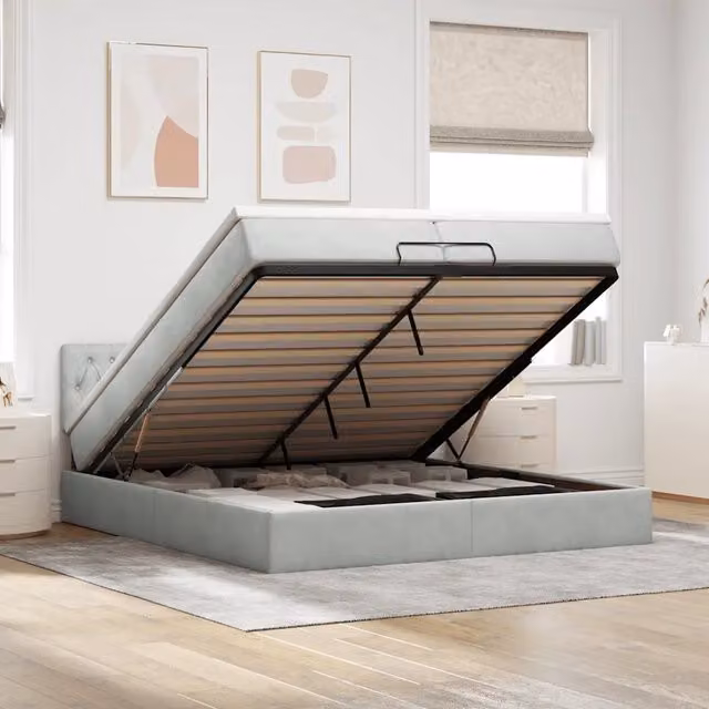 Letto matrimoniale con contenitore a sollevamento vidaXL in velluto grigio e bianco con porta USB e illuminazione sottostante L 200 x P 200 x H 280 cm – 1