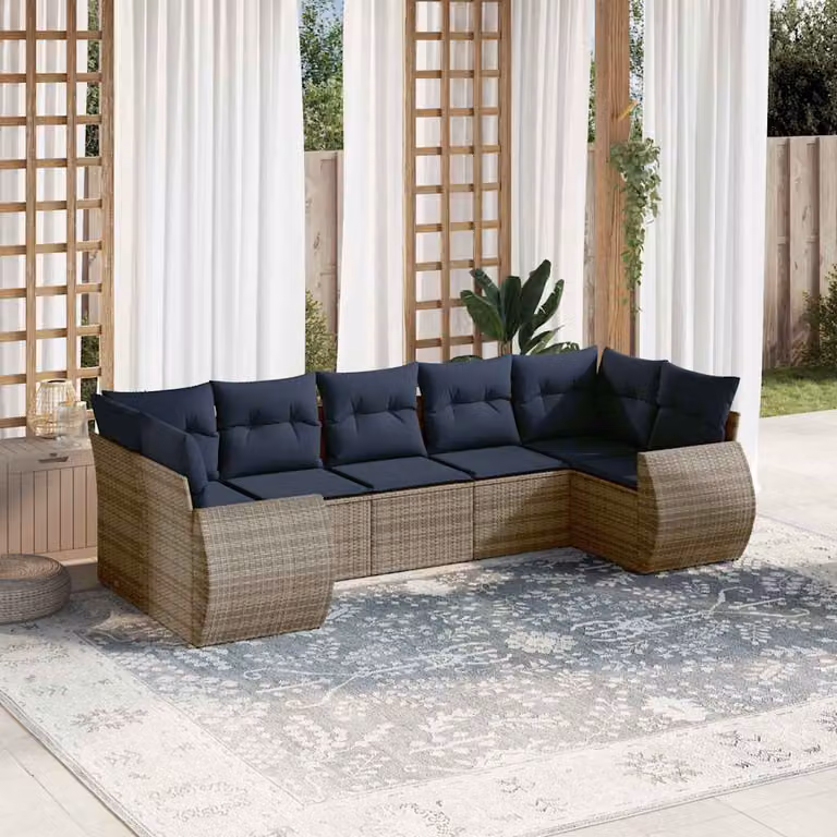 Set di divani da giardino vidaXL in polyrattan 7 pezzi con cuscini grigi e blu a forma di L per esterno