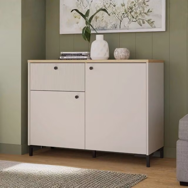 Madia Unit Cashmere con 2 Ante, Cassetto Cannettato e Top Rovere