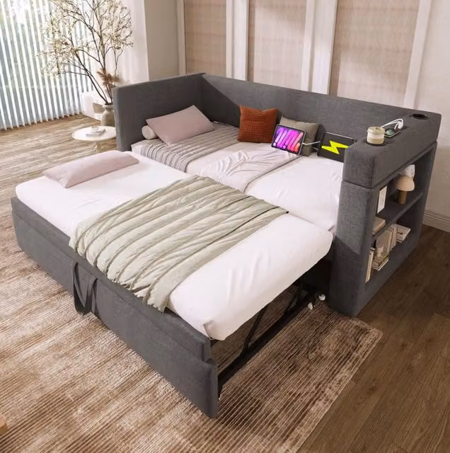 Letto singolo 90x190 cm con letto estraibile, USB e USB-C, grigio
