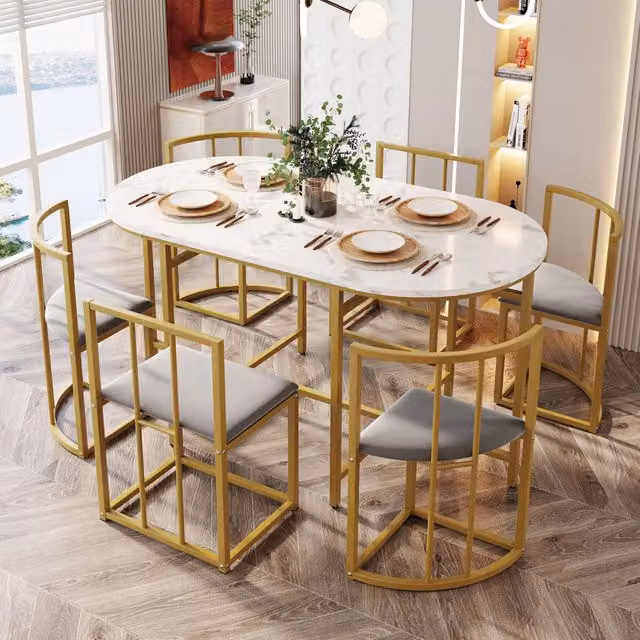 Set tavolo da pranzo ULEVR con 6 sedie, tavolo bianco in MDF, sedie con schienale e rivestimento grigio, struttura dorata