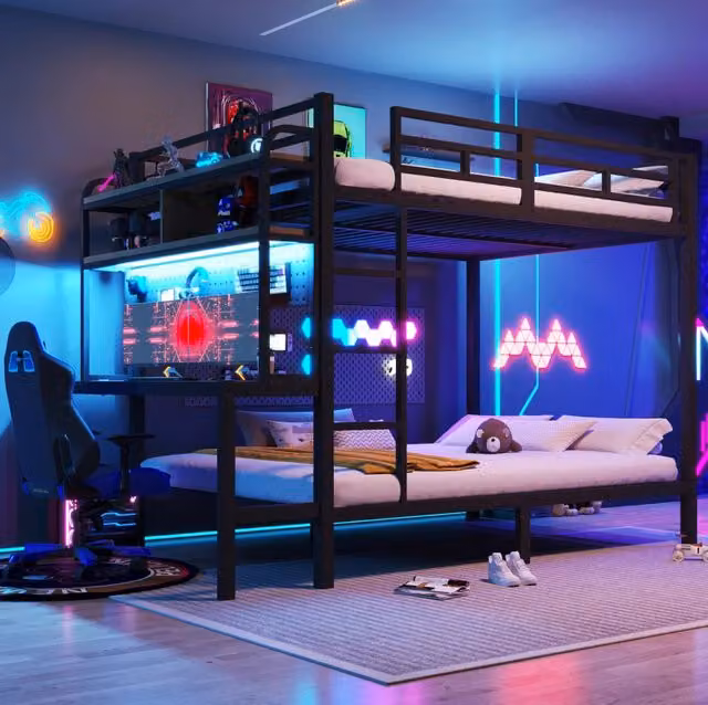 Letto a soppalco ULEVR 140x200 cm con scrivania, ripiani, striscia LED controllabile via app e porta USB, nero